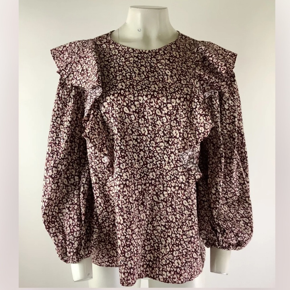 Ted Baker London Sz 4 Puff Sleeve Printed Ruffle Blouse Pink 100% Cotton